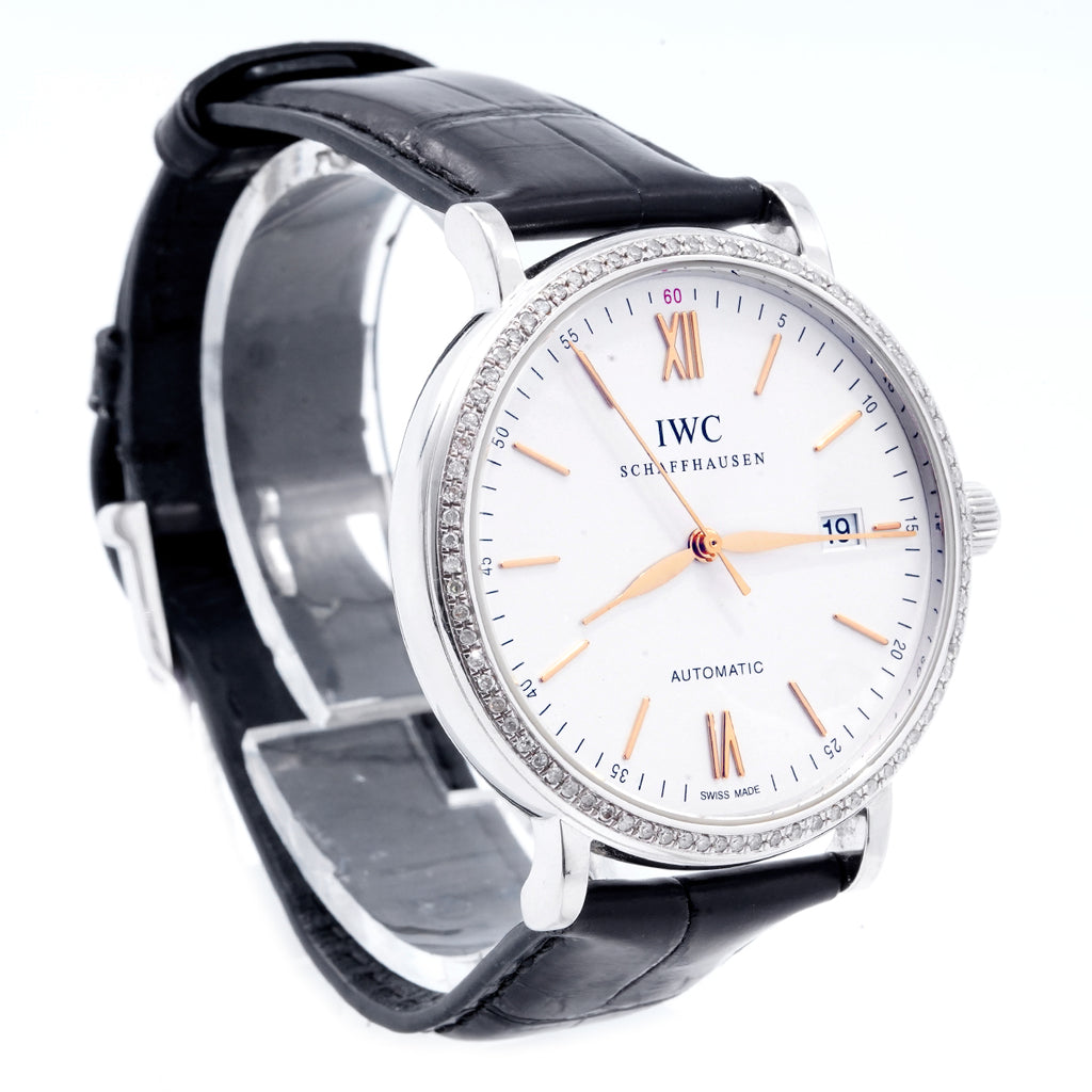 IWC Schaffhausen Portofino Automatic Watch IW356517, 40mm White Dial, Stainless Steel with Rear - set Diamonds/WHP034745