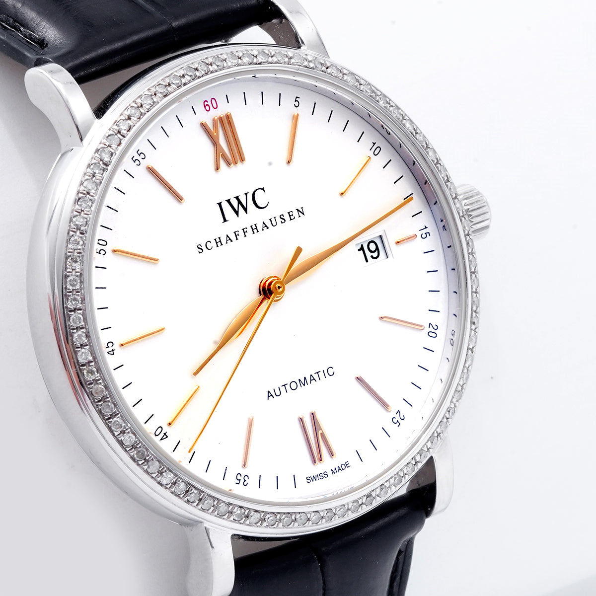 IWC Schaffhausen Portofino Automatic Watch IW356517, 40mm White Dial, Stainless Steel with Rear - set Diamonds/WHP034745
