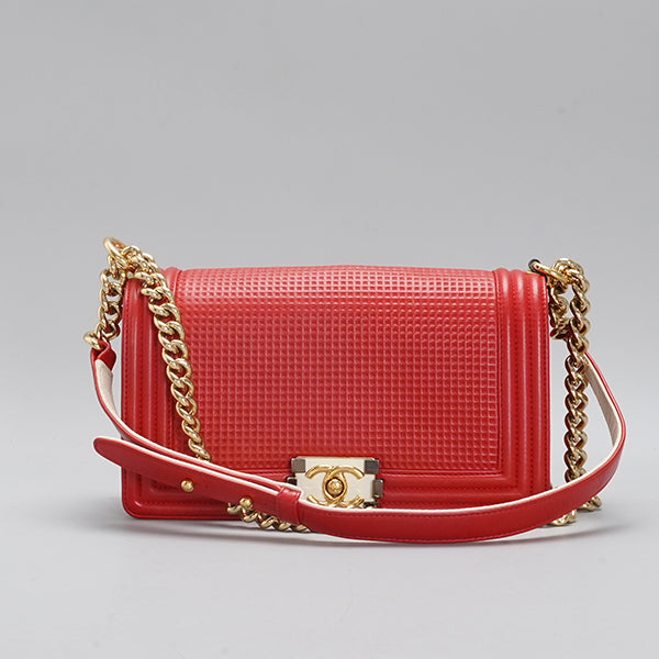 CHANEL Embossed Medium Boy Cube Flap Red shoulder bag BGT128310