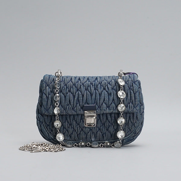 Miu Miu Crystal Shoulder Bag Matelasse Denim Medium BGP205111